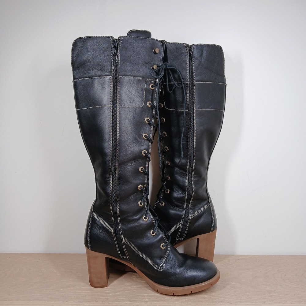 Timberland Boots Women 9.5 Black Leather Knee High Lace Up Block Heel - Picture 7 of 12